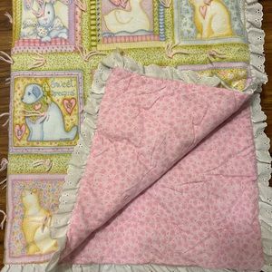 Handmade baby quilt pastel colors sweet dreams/bedtime stories lace eyelet trim